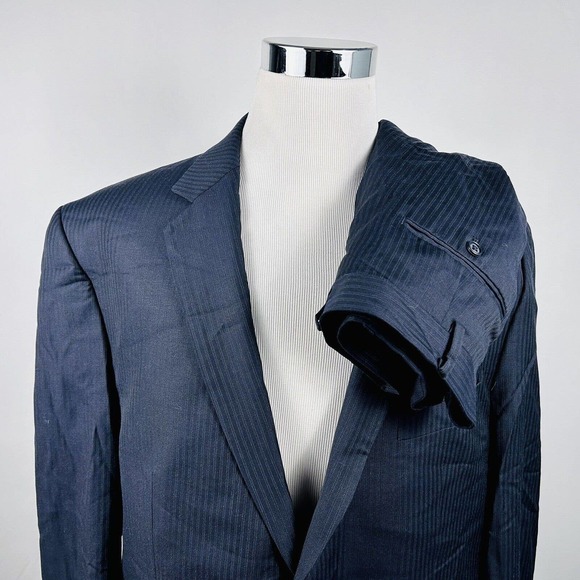 Alfani 48R Suit 42x28 Pleated Wool Cashmere Navy Striped Three Button Vented